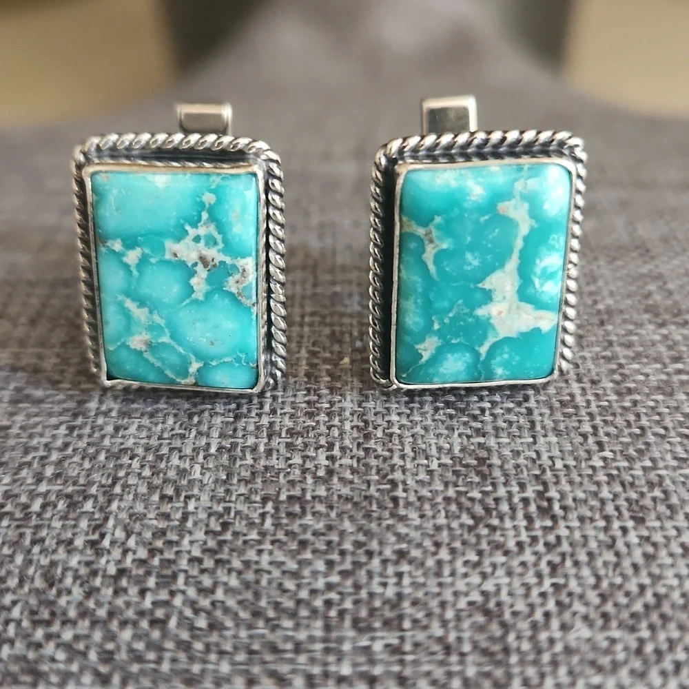 Rare NWOT Native American Handmade Whitewater Turquoise Men's Cufflinks 💙🖤🎁